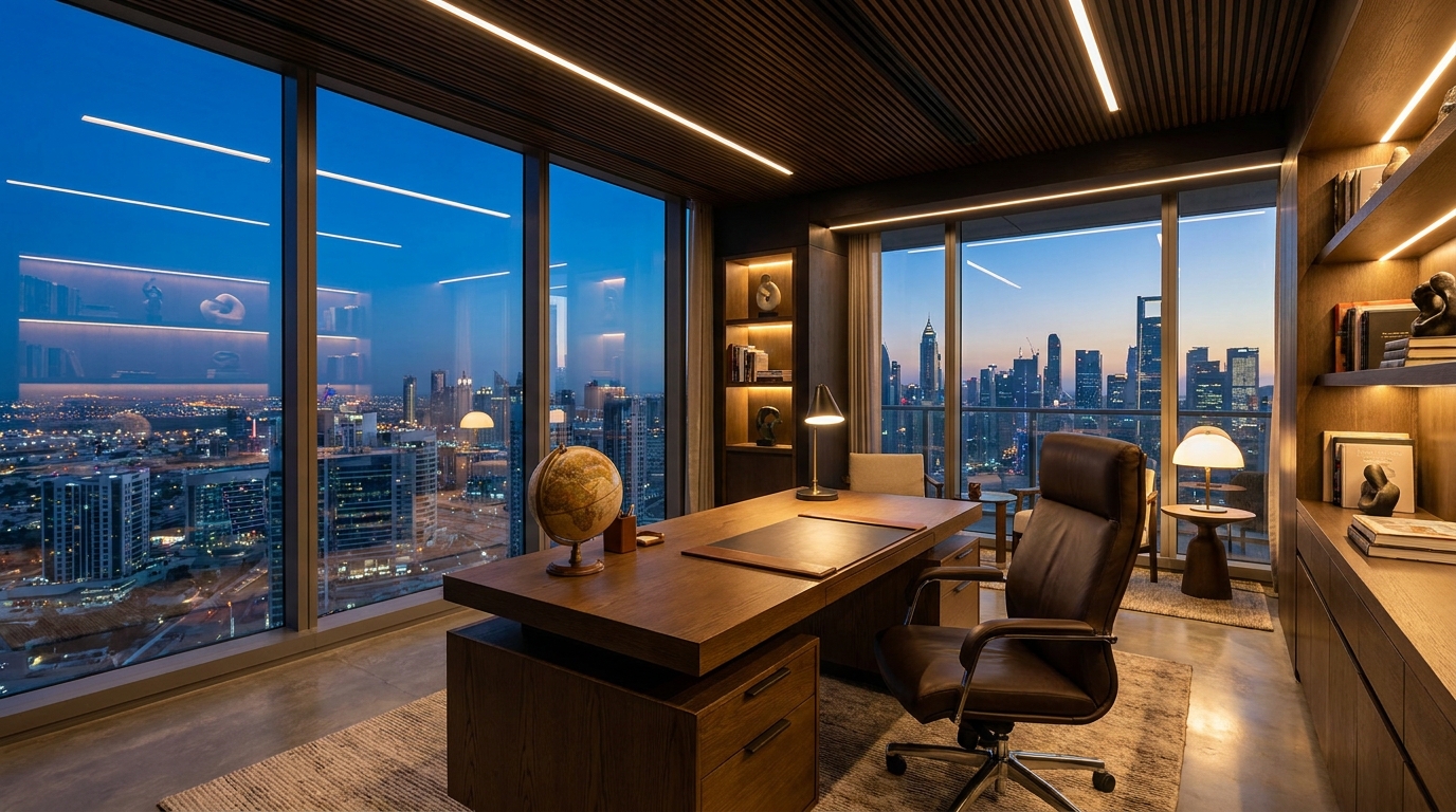 Дизайн премиального домашнего офиса в ЖК Астаны с панорамными окнами