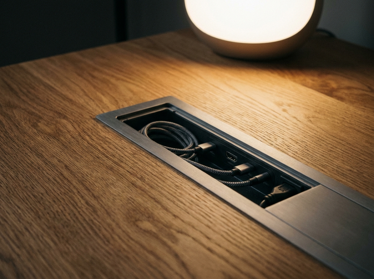 Интеграция скрытых розеток и кабель-менеджмента в массив дуба